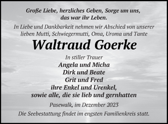 Traueranzeige von Waltraud Goerke von Pasewalker Zeitung