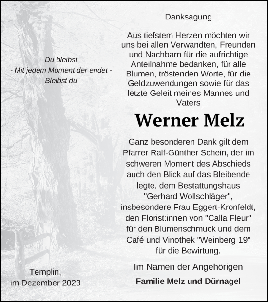 Traueranzeige von Werner Melz von Templiner Zeitung