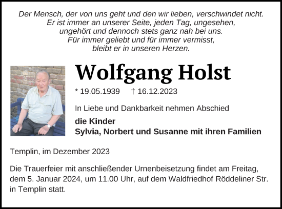 Traueranzeige von Wolfgang Holst von Templiner Zeitung
