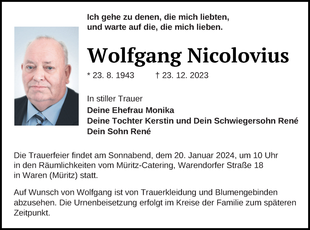  Traueranzeige für Wolfgang Nicolovius vom 29.12.2023 aus Müritz-Zeitung