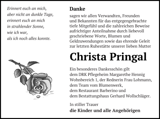 Traueranzeige von Christa Pringal von Templiner Zeitung