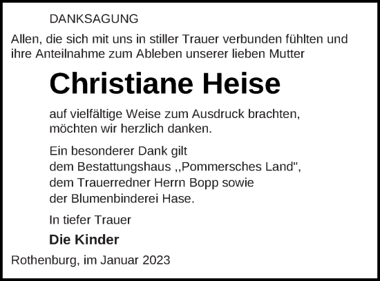 Traueranzeige von Christiane Heise von Pasewalker Zeitung