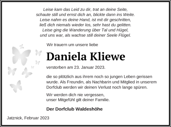 Traueranzeige von Daniela Kliewe von Pasewalker Zeitung