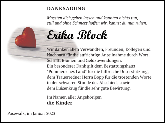Traueranzeige von Erika Block von Pasewalker Zeitung