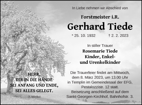 Traueranzeige von Gerhard Tiede von Templiner Zeitung