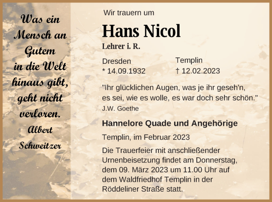 Traueranzeige von Hans Nicol von Templiner Zeitung