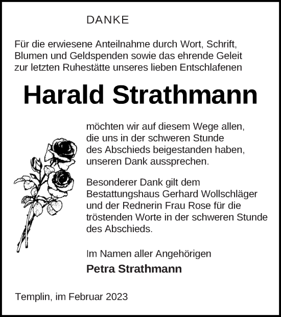 Traueranzeige von Harald Strathmann von Prenzlauer Zeitung