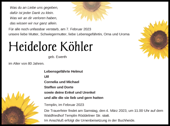 Traueranzeige von Heidelore Köhler von Templiner Zeitung