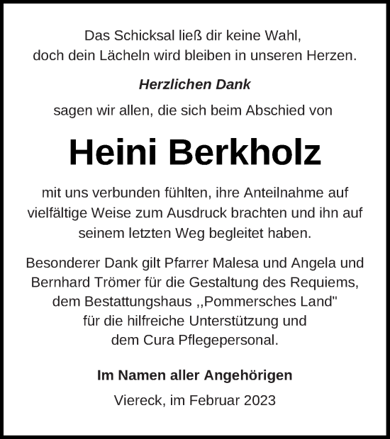 Traueranzeige von Heini Berkholz von Pasewalker Zeitung