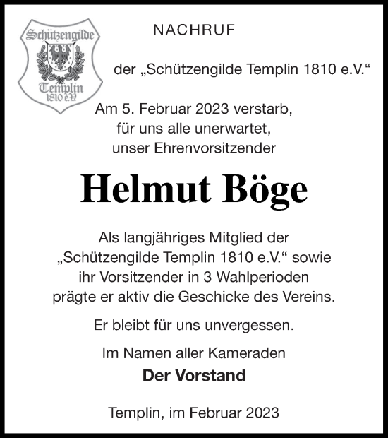 Traueranzeige von Helmut Böge von Templiner Zeitung