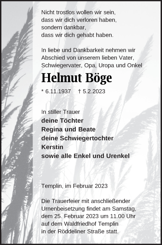 Traueranzeige von Helmut Böge von Templiner Zeitung