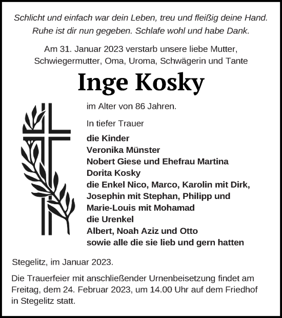 Traueranzeige von Inge Kosky von Templiner Zeitung