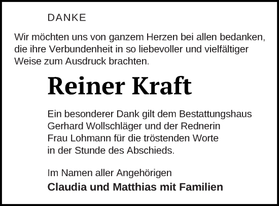 Traueranzeige von Reiner Kraft von Templiner Zeitung