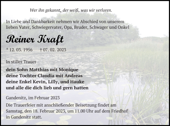 Traueranzeige von Reiner Kraft von Templiner Zeitung