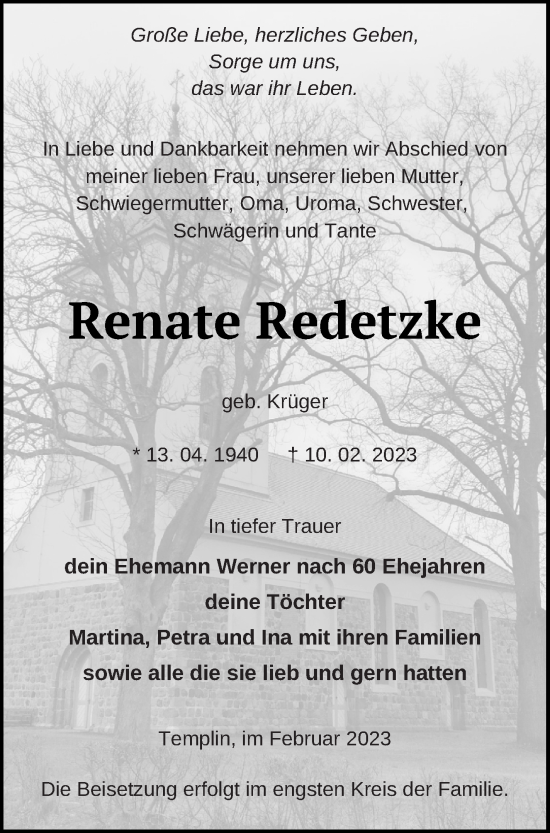 Traueranzeige von Renate Redetzke von Templiner Zeitung
