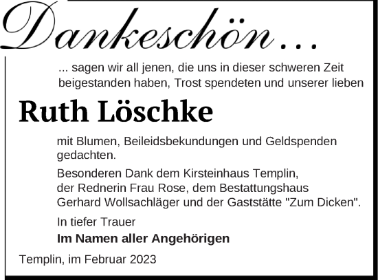 Traueranzeige von Ruth Löschke von Templiner Zeitung