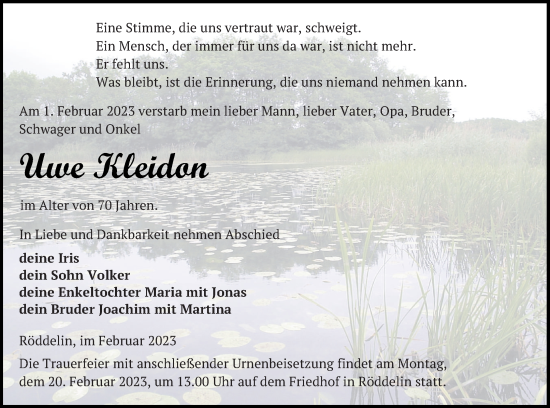 Traueranzeige von Uwe Kleidon von Templiner Zeitung