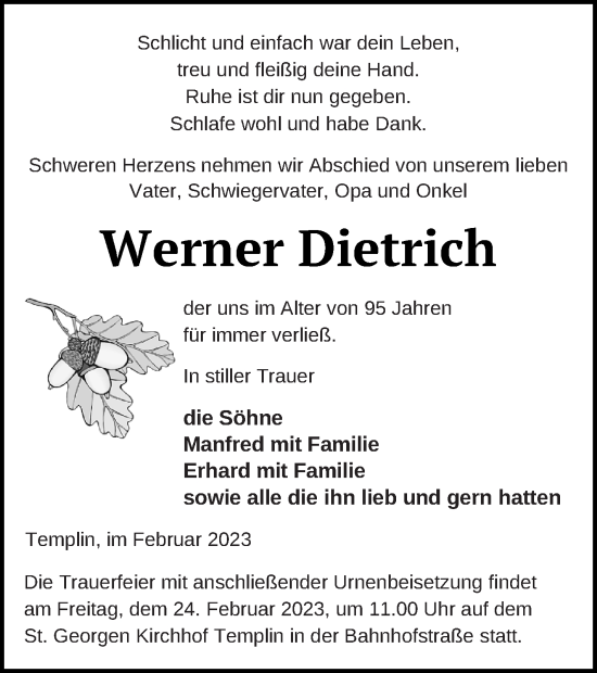 Traueranzeige von Werner Dietrich von Templiner Zeitung