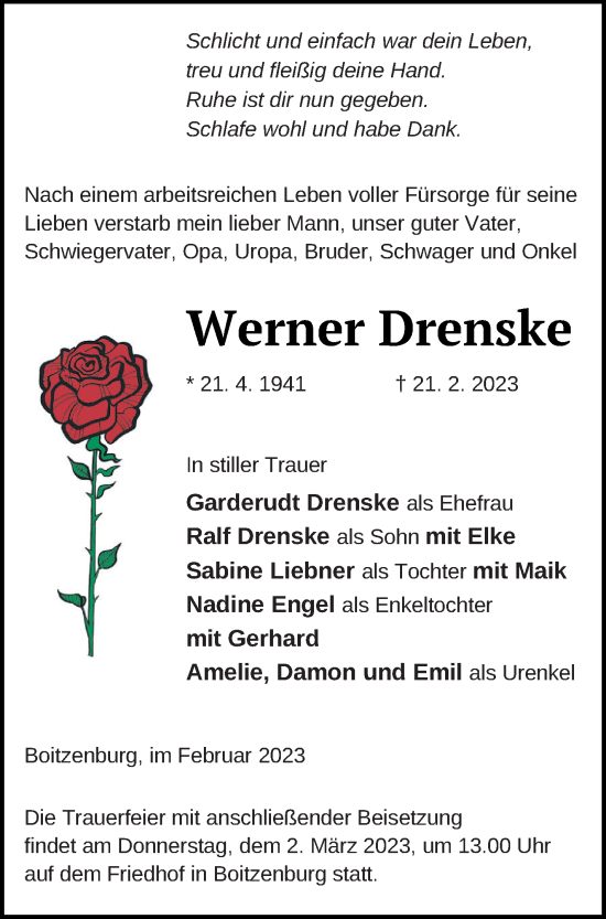 Traueranzeige von Werner Drenske von Templiner Zeitung