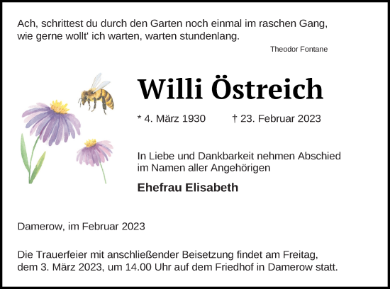 Traueranzeige von Willi Östreich von Pasewalker Zeitung