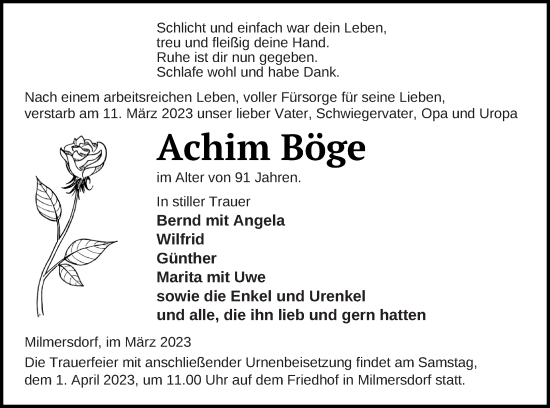 Traueranzeige von Achim Böge von Templiner Zeitung