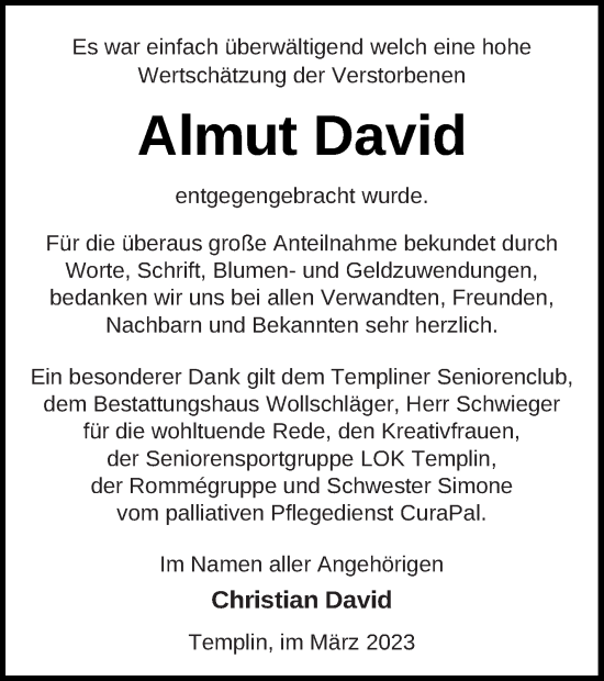 Traueranzeige von Almut David von Templiner Zeitung