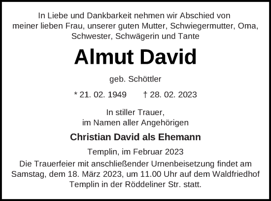 Traueranzeige von Almut David von Templiner Zeitung