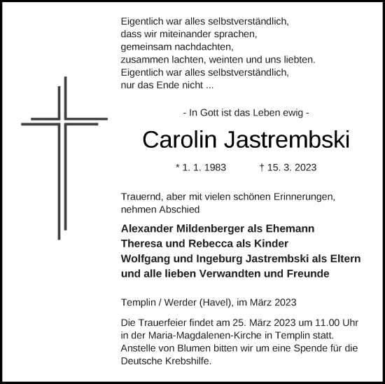 Traueranzeige von Carolin Jastrembski von Templiner Zeitung