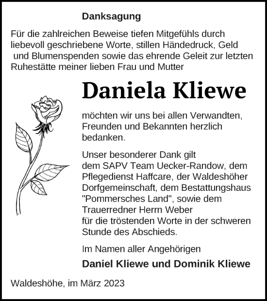 Traueranzeige von Daniela Kliewe von Pasewalker Zeitung