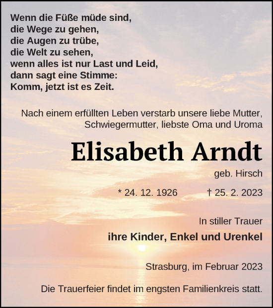 Traueranzeige von Elisabeth Arndt von Pasewalker Zeitung