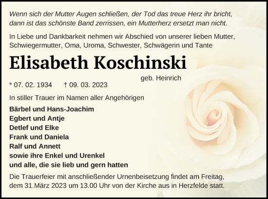 Traueranzeige von Elisabeth Koschinski von Templiner Zeitung