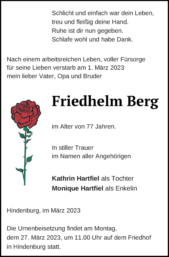 Traueranzeige von Friedhelm Berg von Templiner Zeitung