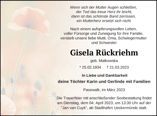 Traueranzeige von Gisela Rückriehm von Pasewalker Zeitung