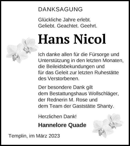 Traueranzeige von Hans Nicol von Haff-Zeitung