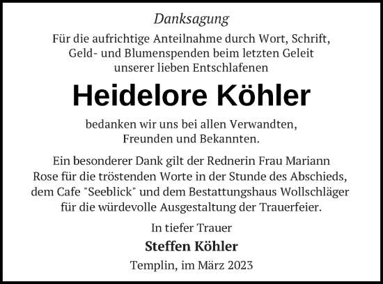 Traueranzeige von Heidelore Köhler von Templiner Zeitung