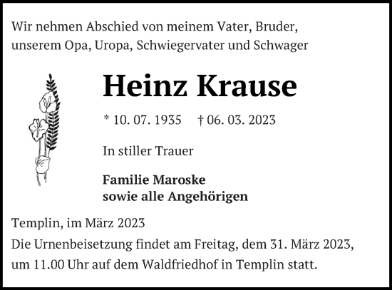 Traueranzeige von Heinz Krause von Templiner Zeitung