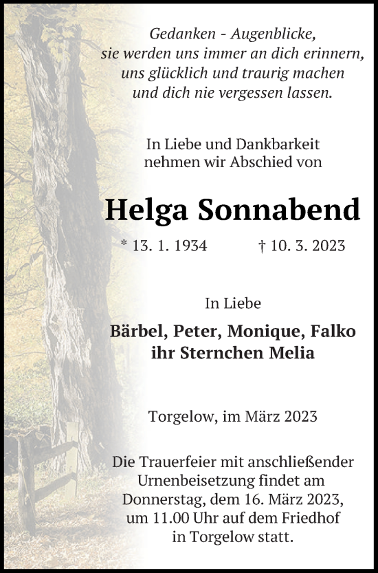 Traueranzeige von Helga Sonnabend von Haff-Zeitung