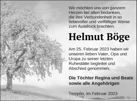 Traueranzeige von Helmut Böge von Templiner Zeitung