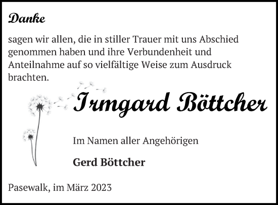 Traueranzeige von Irmgard Böttcher von Pasewalker Zeitung