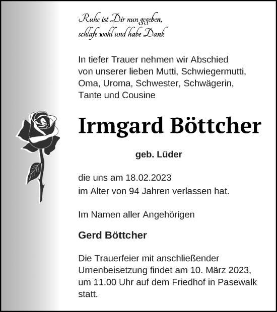 Traueranzeige von Irmgard Böttcher von Pasewalker Zeitung