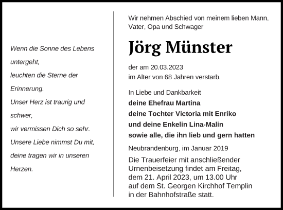 Traueranzeige von Jörg Münster von Templiner Zeitung