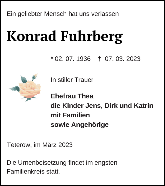 Traueranzeige von Konrad Fuhrberg von Mecklenburger Schweiz