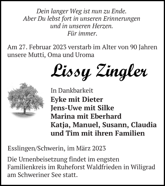 Traueranzeige von Lissy Zingler von Pasewalker Zeitung