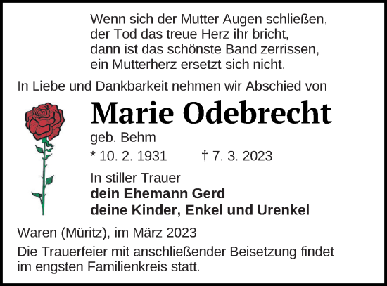 Traueranzeige von Marie Odebrecht von Müritz-Zeitung