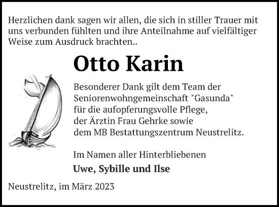 Traueranzeige von Otto Karin von Strelitzer Zeitung