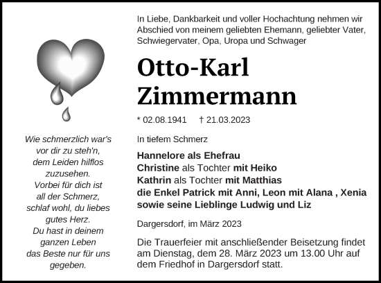 Traueranzeige von Otto-Karl Zimmermann von Templiner Zeitung