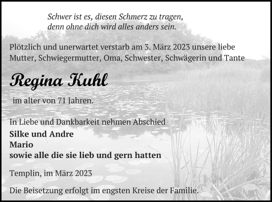 Traueranzeige von Regina Kuhl von Templiner Zeitung