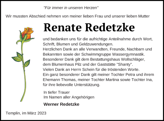 Traueranzeige von Renate Redetzke von Templiner Zeitung
