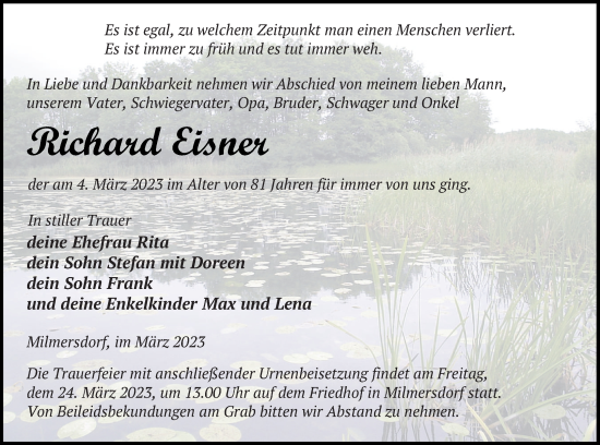 Traueranzeige von Richard Eisner von Templiner Zeitung