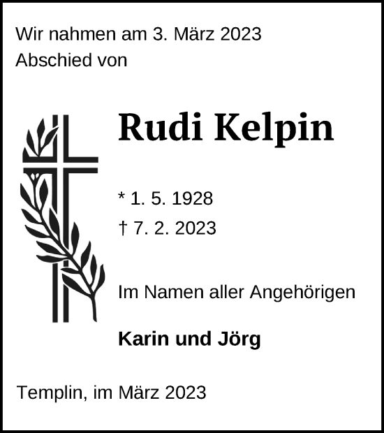 Traueranzeige von Rudi Kelpin von Templiner Zeitung